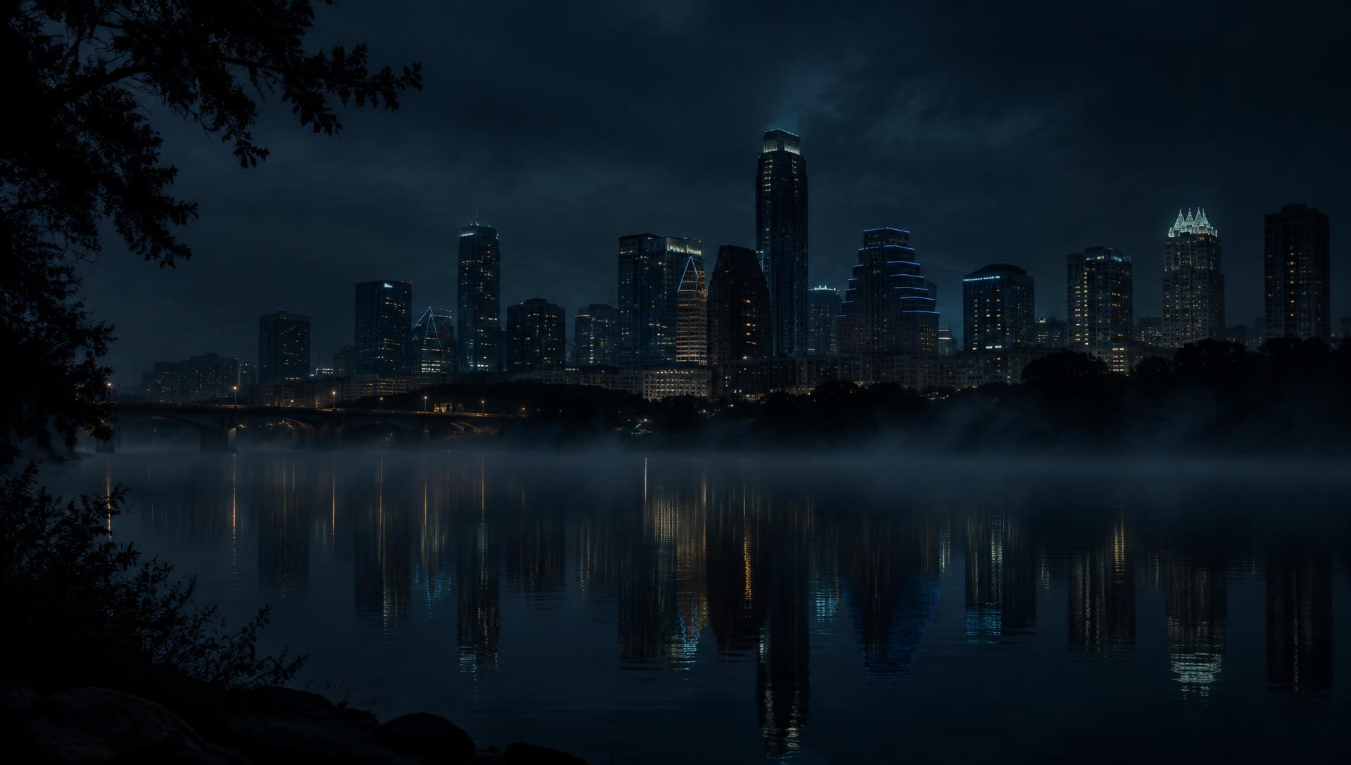 The Austin skyline at night, lit in cool teal light across a misty river